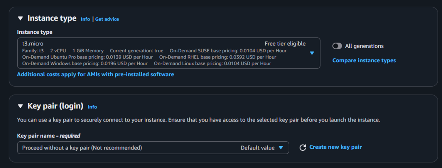 Instance type and key pair