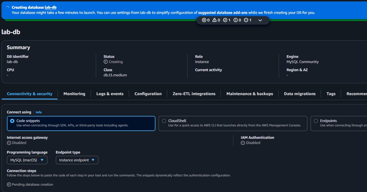 RDS instance lab-db being created