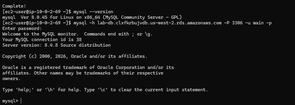 MySQL client connecting to the RDS endpoint