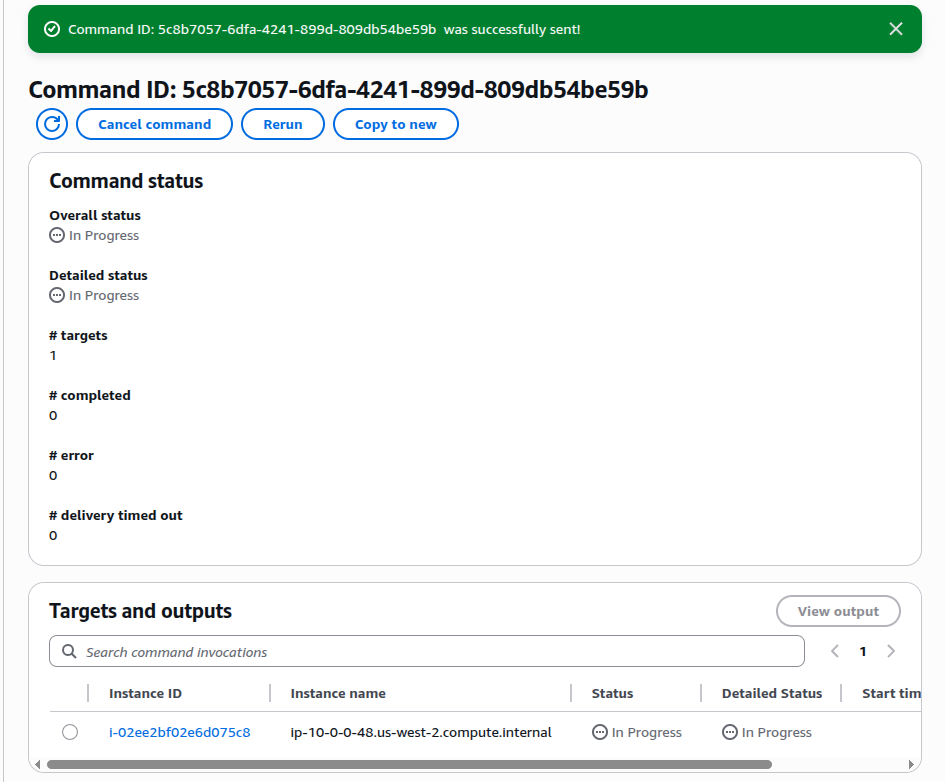 Run Command 5c8b7057-6dfa-4241-899d-809db54be59b in progress against the Managed Instance