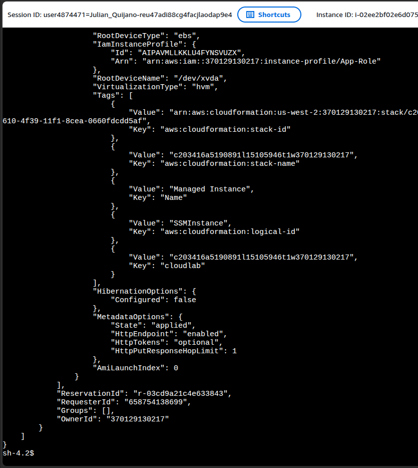 Session Manager browser shell showing describe-instances JSON output with IamInstanceProfile App-Role and MetadataOptions