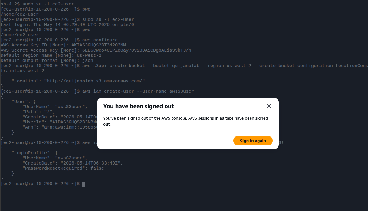 SSM terminal with aws configure, create-bucket and create-user commands
