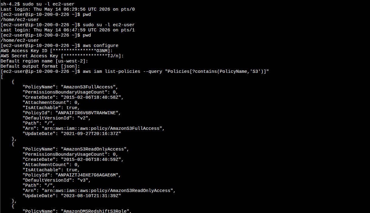aws iam list-policies showing AmazonS3FullAccess and its ARN