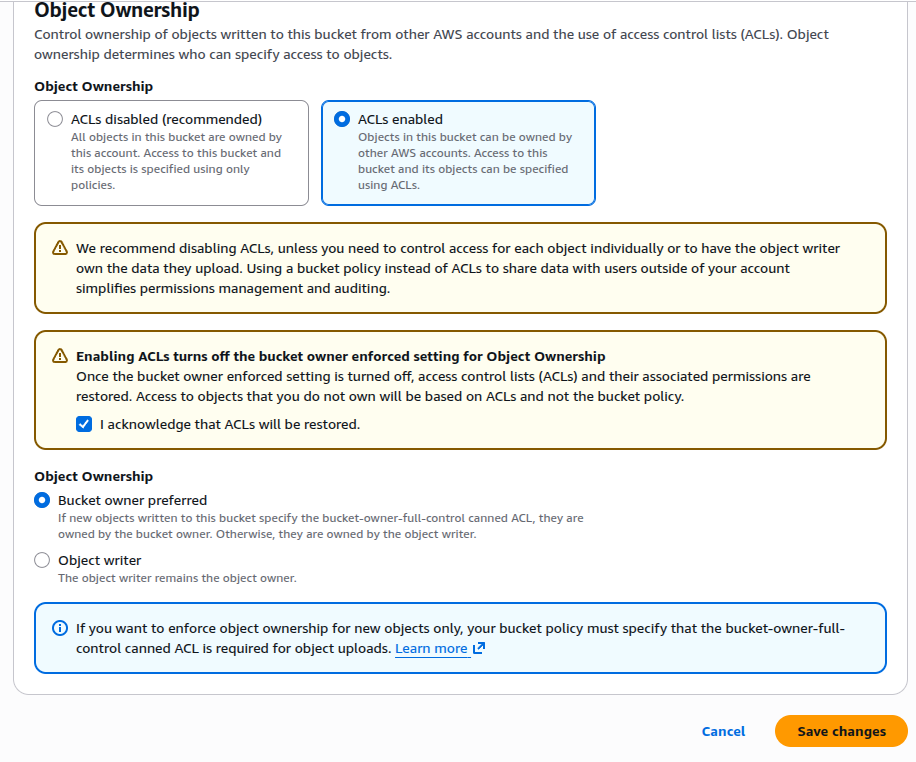 S3 Object Ownership panel with ACLs enabled and acknowledgement checked