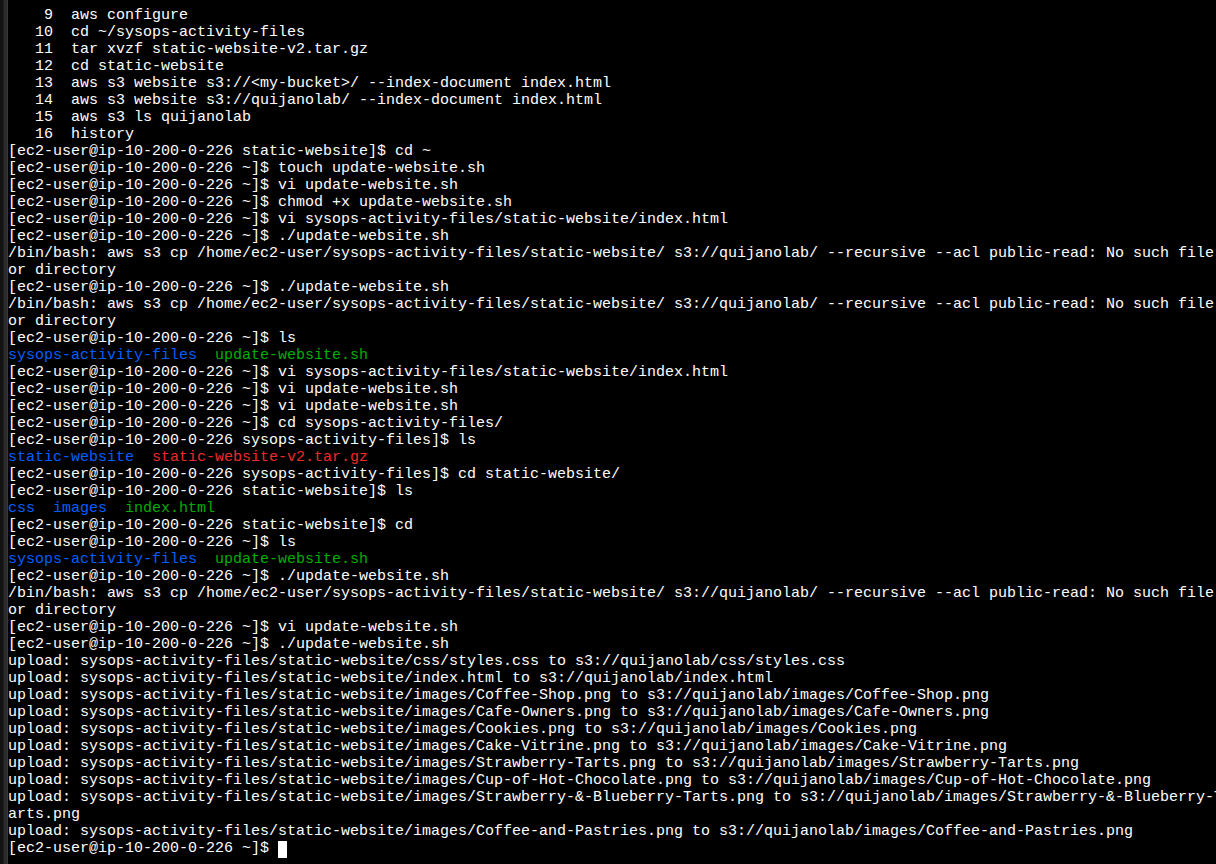 Terminal showing two 'No such file or directory' errors followed by successful s3 uploads