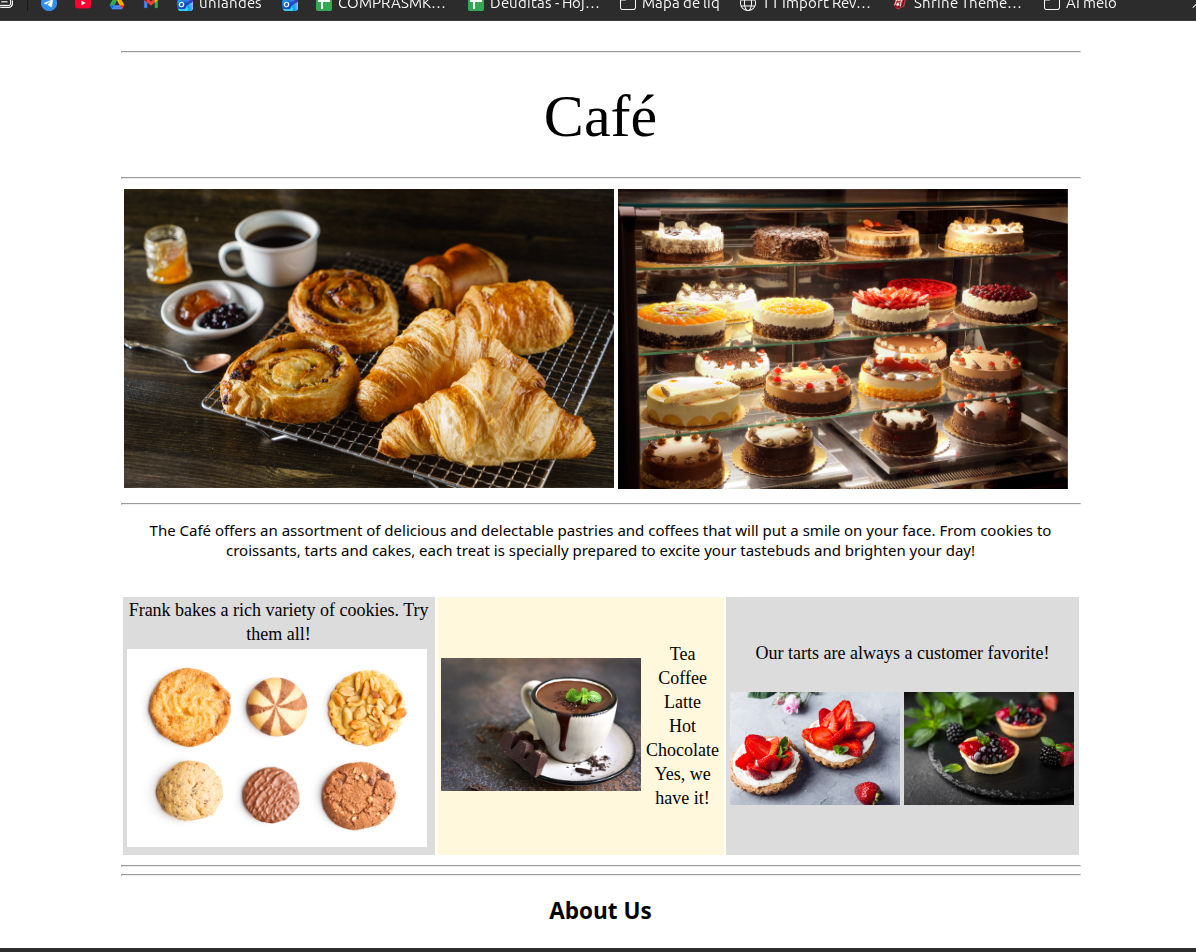 Café and Bakery static site rendered in the browser