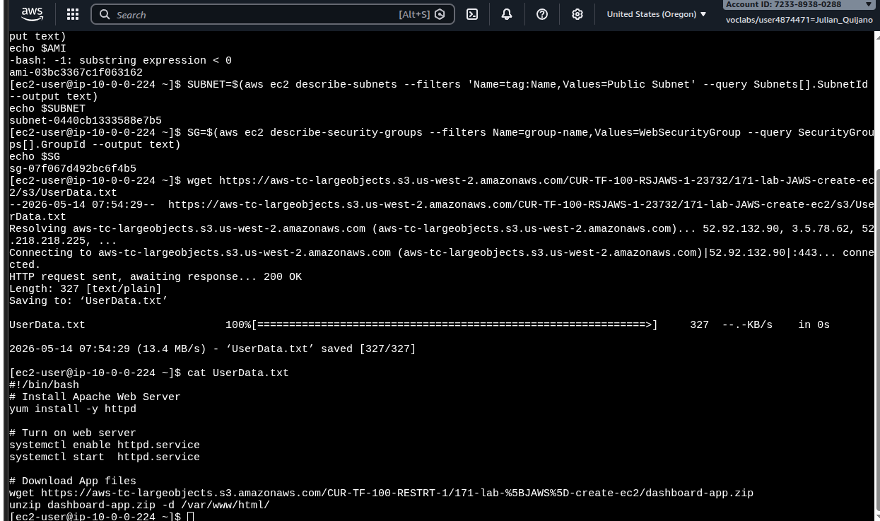 Bastion shell running aws ssm/describe-subnets/describe-security-groups and cat UserData.txt