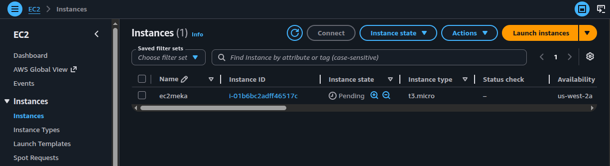 EC2 console showing ec2meka instance created