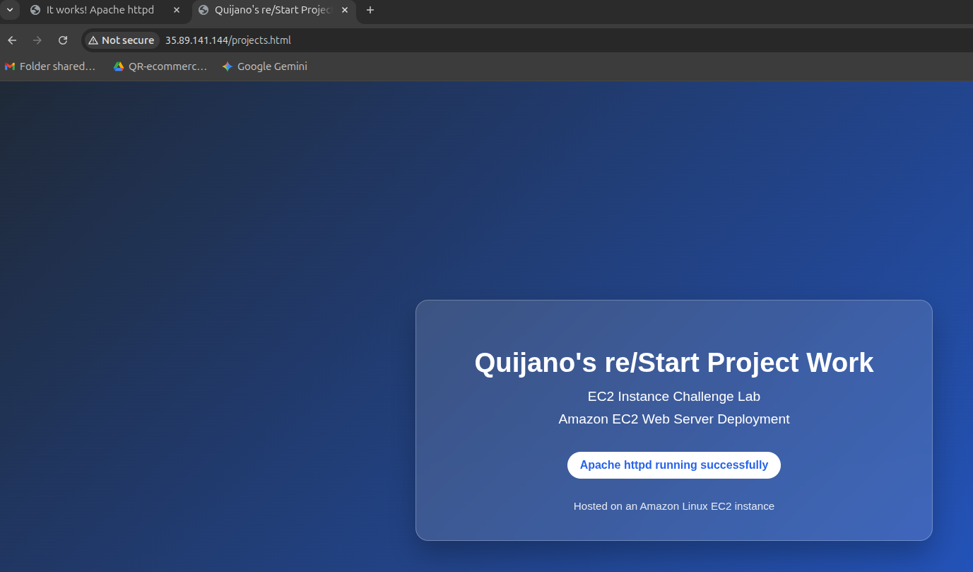 Browser showing projects.html served from the EC2 instance
