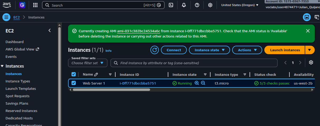 EC2 console banner: Currently creating AMI ami-031c382bc24534a6c from instance i-0ff771dbccbba5751