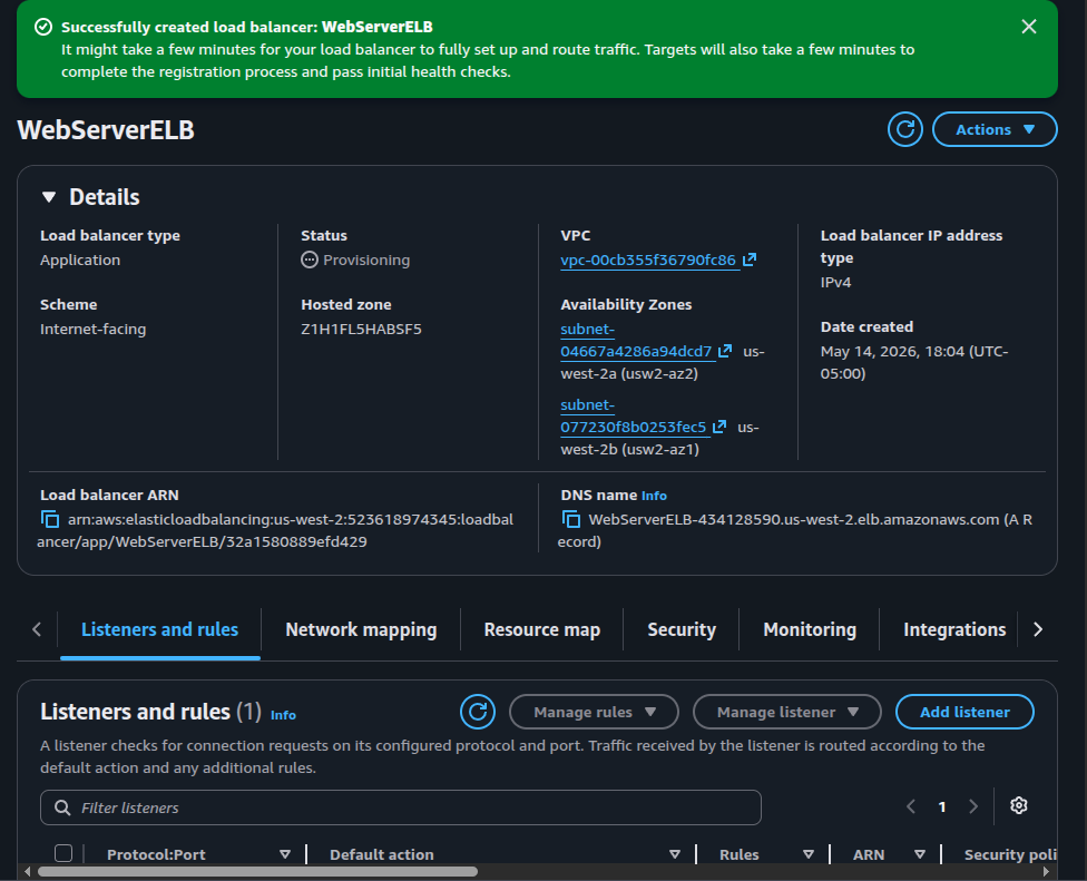 WebServerELB details page showing Provisioning status, two AZs and DNS name