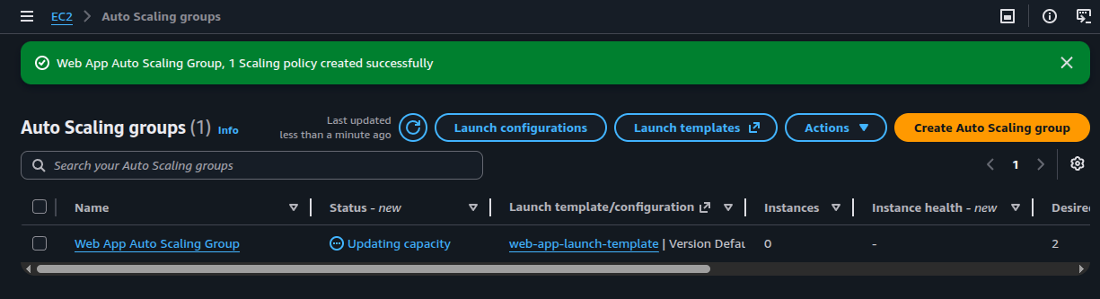 Auto Scaling groups list showing Web App Auto Scaling Group in Updating capacity