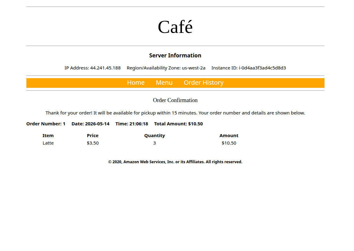Café site served from us-west-2a