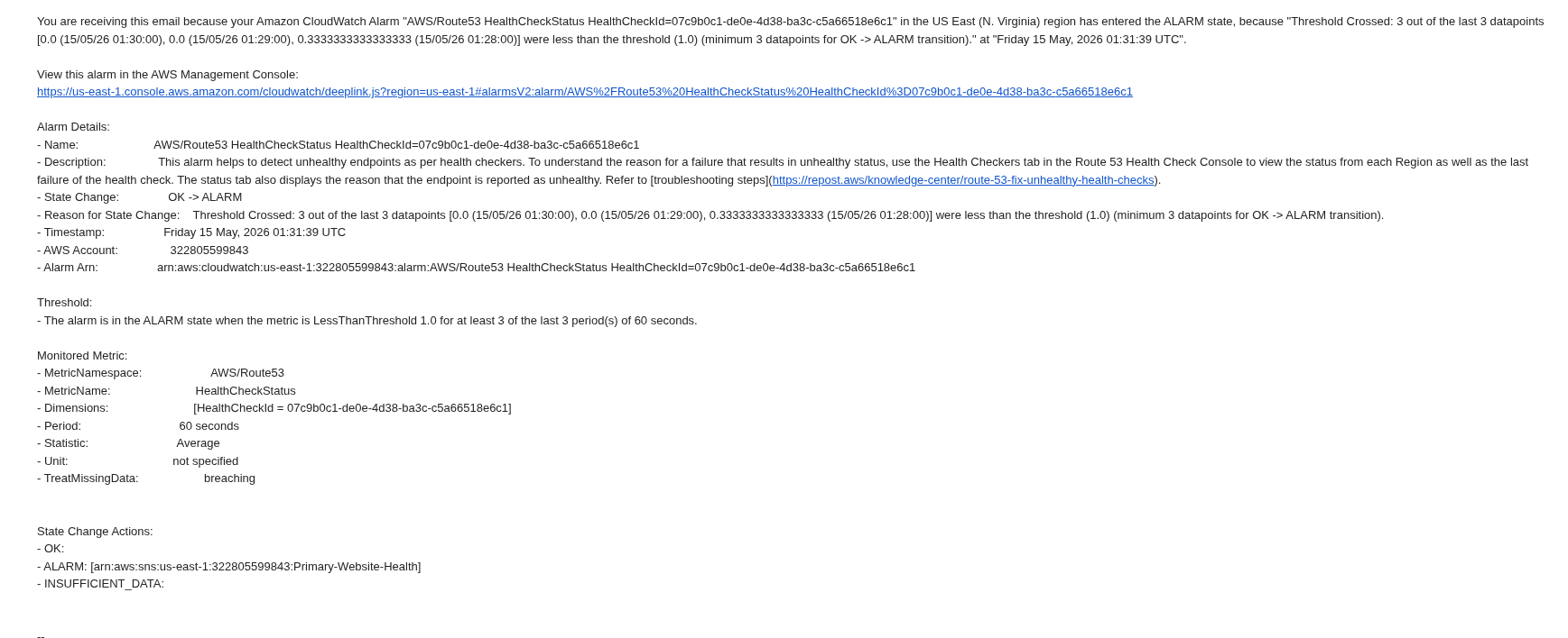 CloudWatch alarm email delivered showing OK to ALARM transition