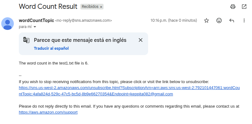 Email received from SNS with the word count result