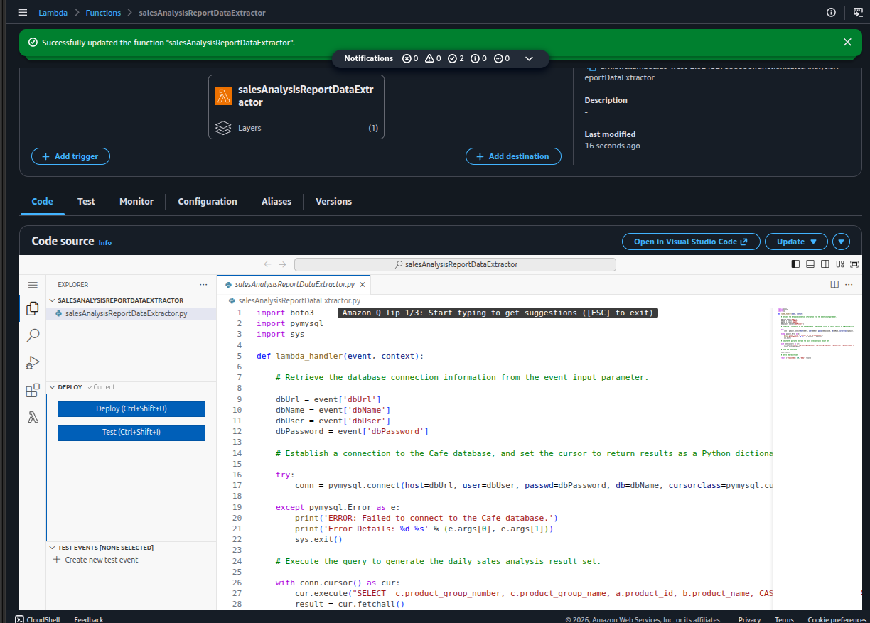 salesAnalysisReportDataExtractor function created in the Lambda console with the pymysqlLibrary layer attached