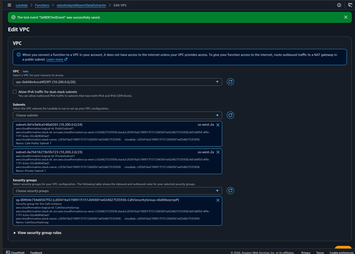 Edit VPC page showing the Cafe VPC, two subnets and CafeSecurityGroup selected for the Lambda function