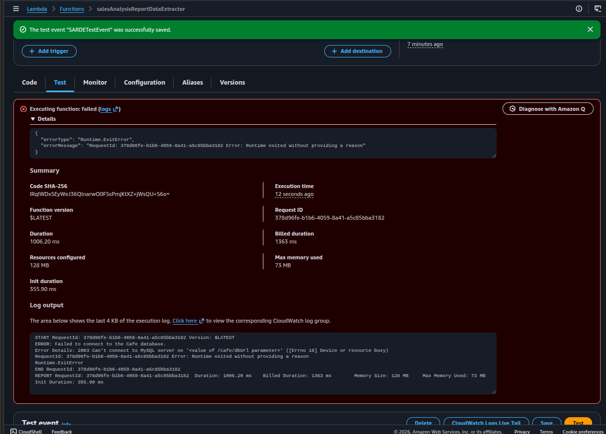 Lambda test result with a red failure box and MySQL connection error 2003 in the log output
