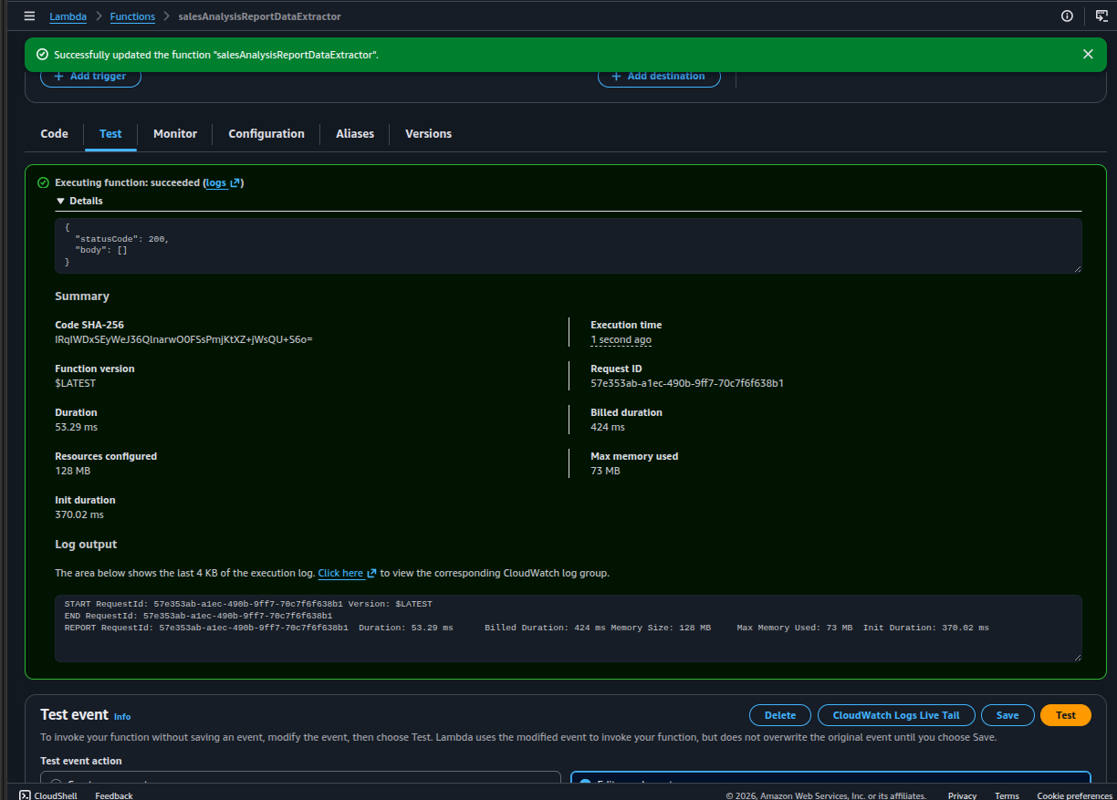 Lambda test result with a green succeeded box returning statusCode 200 in 53.29 ms