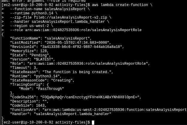 Terminal output of aws lambda create-function returning the new FunctionArn for salesAnalysisReport