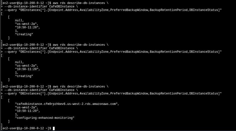 Three consecutive describe-db-instances calls showing the lifecycle from creating to configuring-enhanced-monitoring with endpoint assigned