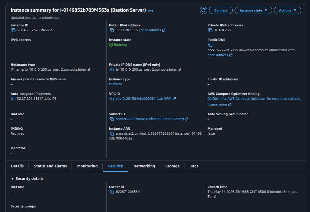 EC2 Instance summary for the bastion server in Running state