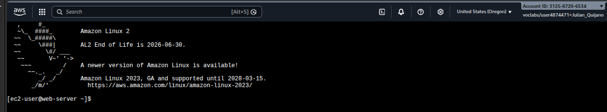 SSH terminal showing Amazon Linux 2 banner and ec2-user@web-server prompt