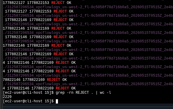 Terminal showing grep REJECT output ending with wc -l result of 2229