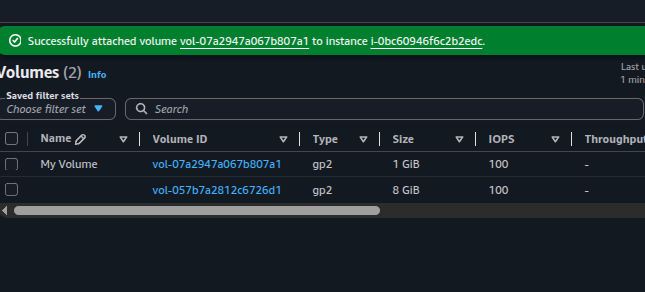My Volume successfully attached to the Lab instance