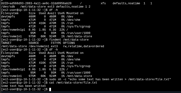Terminal showing fstab entry, df -h with /dev/nvme1n1 mounted, findmnt, and file write/read