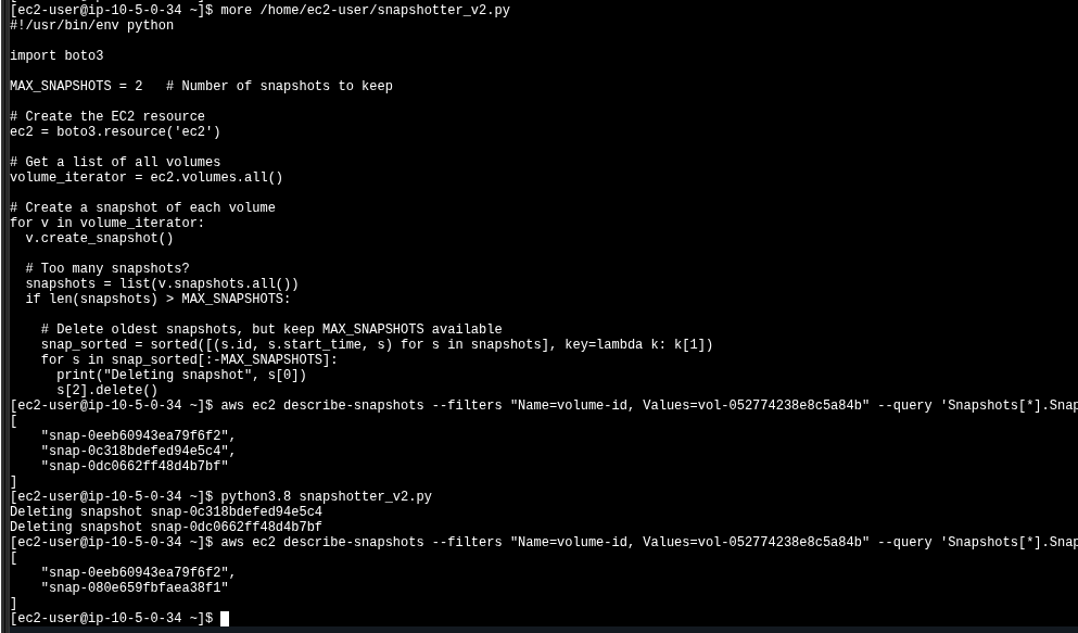 more snapshotter_v2.py showing boto3 code, then describe-snapshots before (3 IDs), then python3.8 snapshotter_v2.py with 'Deleting snapshot' messages, then describe-snapshots after (2 IDs)