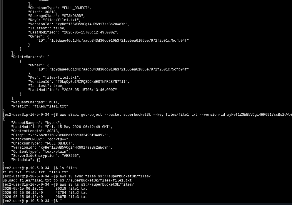 get-object output with VersionId and metadata, followed by ls files (three files), aws s3 sync uploading file1.txt, and ls s3 showing the three files in the bucket
