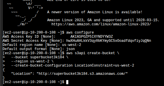 Terminal showing aws configure followed by aws s3api create-bucket returning the Location JSON field