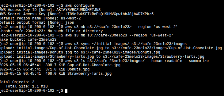 EC2 Instance Connect terminal showing aws configure, the failed mb attempt with angle brackets, the successful mb, the sync of three images, and ls --summarize showing 3 objects 1.1 MiB total