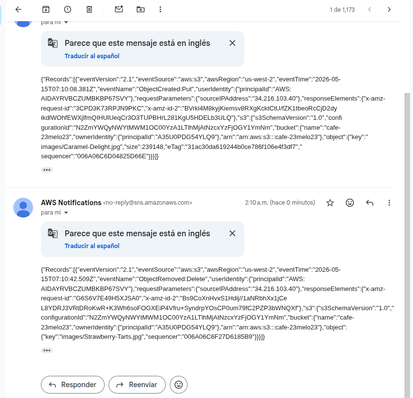 Gmail inbox showing two AWS Notifications emails. The first contains an SNS Records payload with eventName ObjectCreated:Put for object key images/Caramel-Delight.jpg and size 239148 bytes. The second contains eventName ObjectRemoved:Delete for object key images/Strawberry-Tarts.jpg