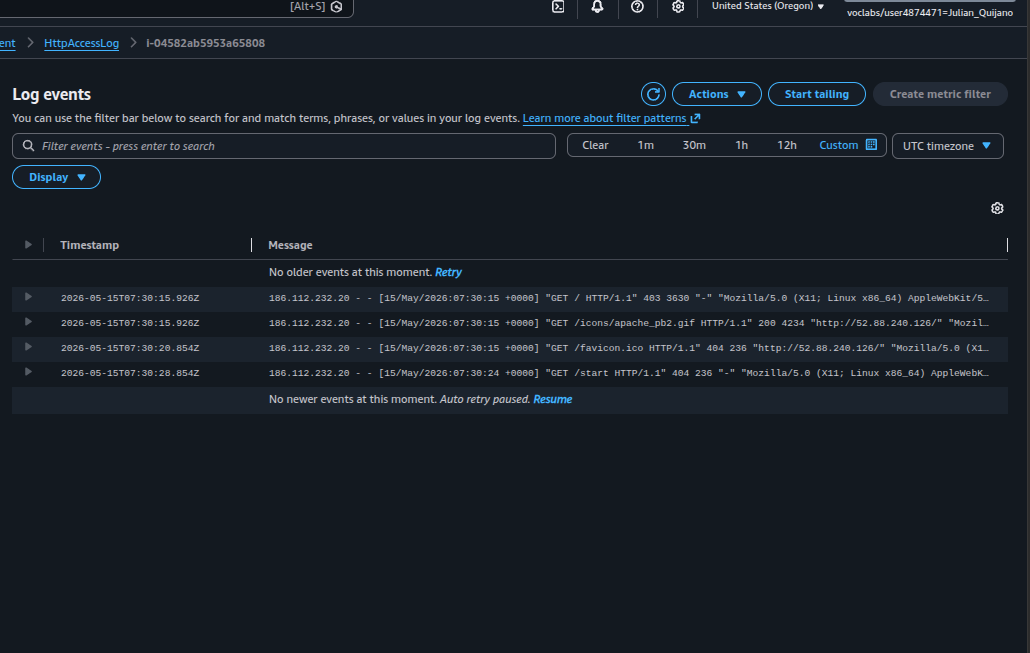 CloudWatch Logs stream showing Apache GET requests with 200, 403, and 404 status codes