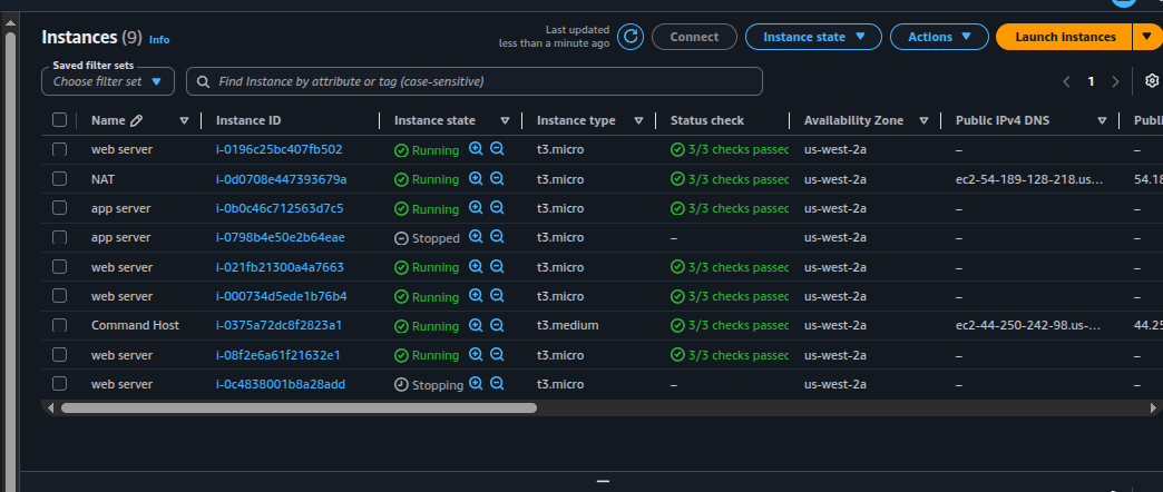 EC2 console showing nine instances, two transitioning to Stopped/Stopping