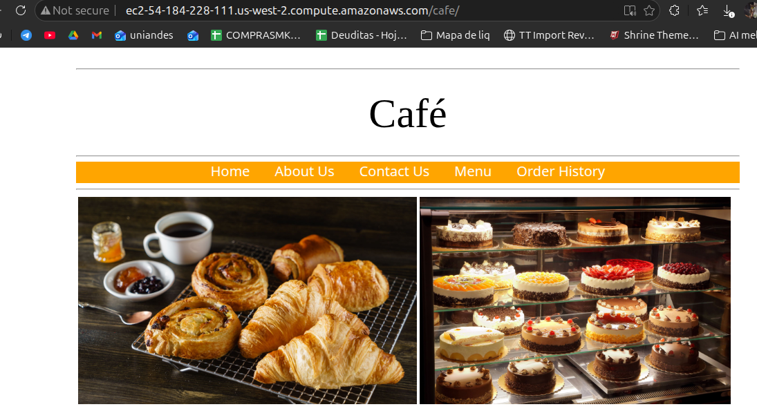 Café homepage in the browser at ec2-54-184-228-111.us-west-2.compute.amazonaws.com/cafe/ showing the navbar and product photos