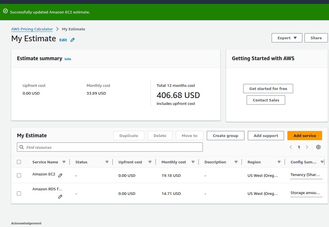 AWS Pricing Calculator estimate before optimization: monthly cost 33.89 USD with EC2 at 19.18 USD