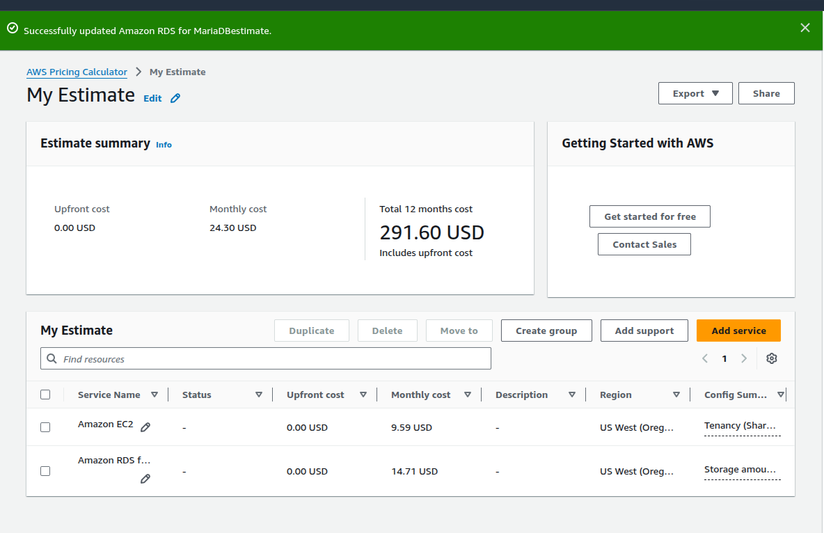 AWS Pricing Calculator estimate after optimization: monthly cost 24.30 USD with EC2 at 9.59 USD