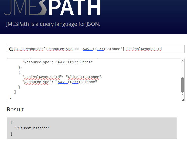 JMESPath playground showing the filter-and-project query returning CliHostInstance