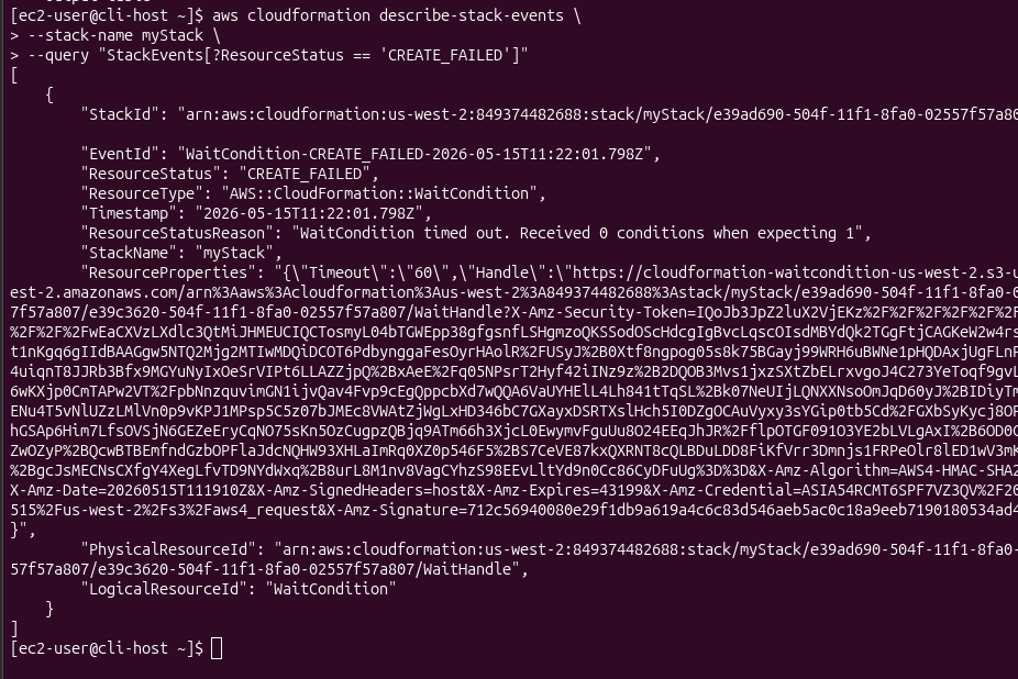 describe-stack-events output filtered to CREATE_FAILED showing WaitCondition timed out