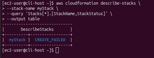 describe-stacks output showing myStack in CREATE_FAILED state without rollback