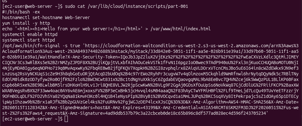 Userdata script part-001 showing the line yum install -y http