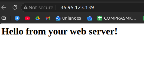 Browser showing Hello from your web server! served from the deployed instance
