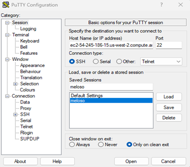 PuTTY SSH configuration