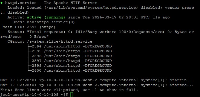 Terminal displaying active status of the httpd service