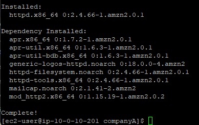 Terminal displaying successful installation of httpd via yum