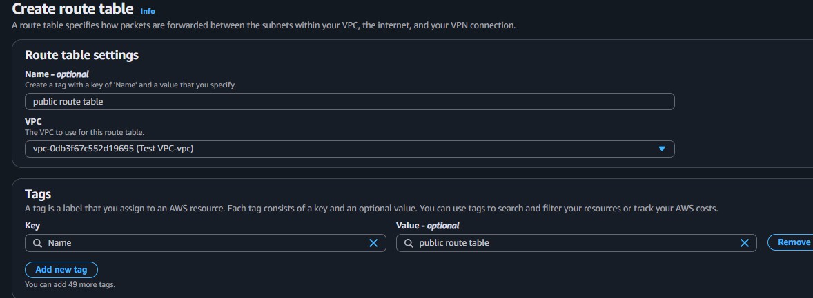Create route table form