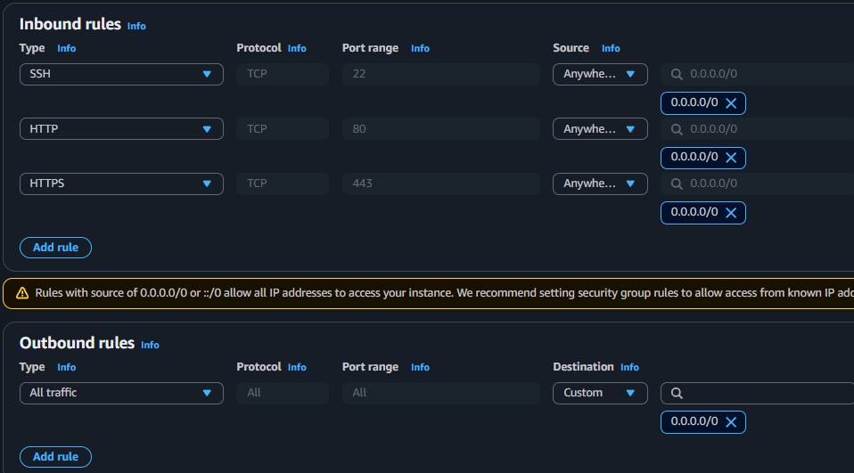 Security group inbound and outbound rules